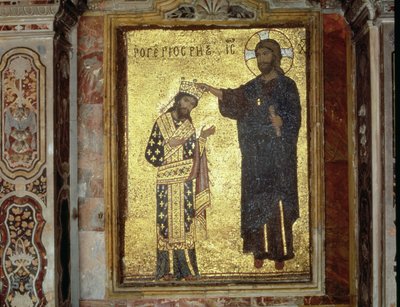 Christus kroont koning Roger II van Sicilië (1093-1154) door Byzantine School